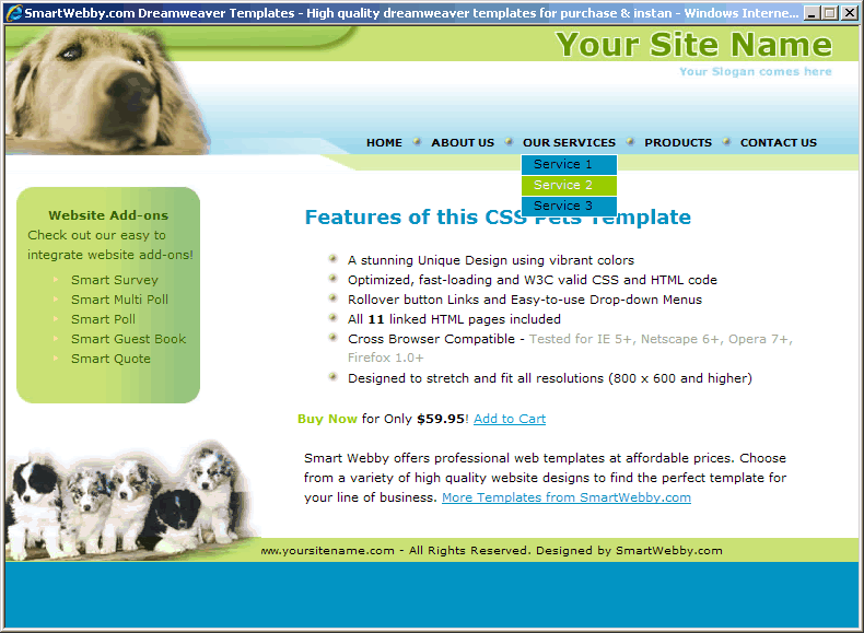 Dreamweaver Template 135 [Pets] - Actual Size Screenshot for 800px screen width