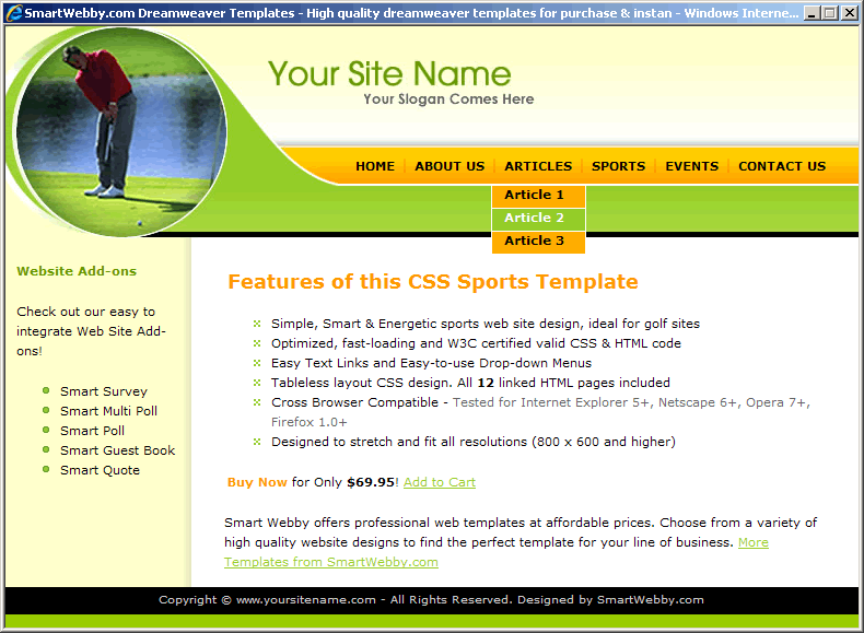 Dreamweaver CSS Template 142 [Sports] - Actual Size Screenshot for 800px screen width