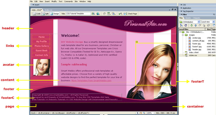 Website Design Dreamweaver View showing the CSS DIVs