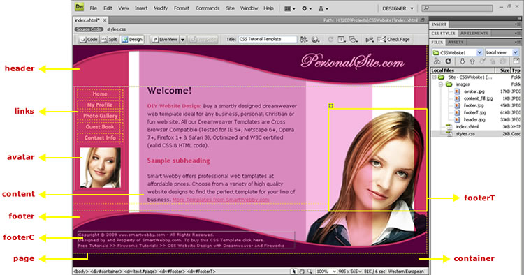Website Design Adobe Dreamweaver CS4 View showing the CSS DIVs